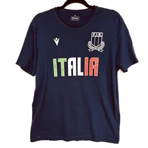 Macron Italia Rugby 2024/25 Fan Line Men's Size XL Navy Blue Cotton T-Shirt